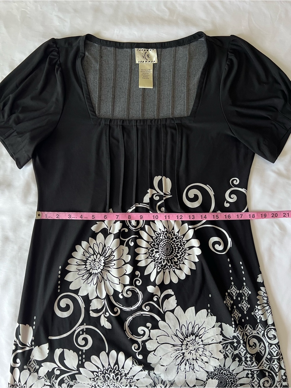 Ice Black Midi Dress with White Floral Print & Pink Border Square Neckline Sz 14 - Picture 12 of 14